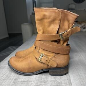 Steve Madden Womens Brewzzer Cognac Leather Stacked Heel Mid Calf Boot Size 10